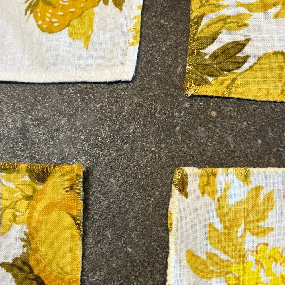Vintage set of 10 asst size’s floral gold / yellow napkins handmade zig zag hems